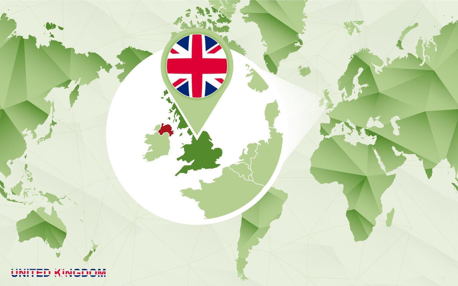 America centric world map with magnified United Kingdom map. vector