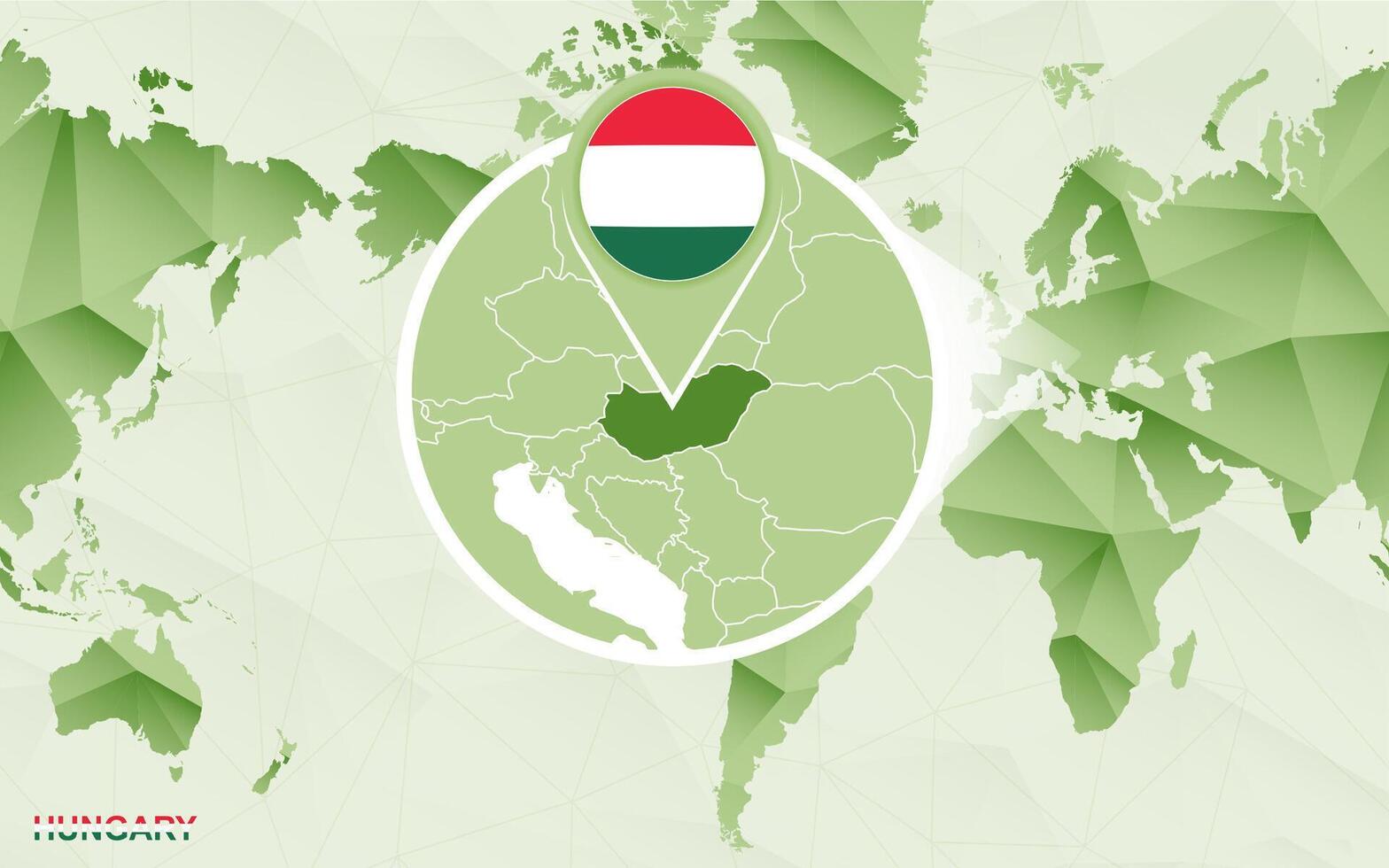 America centric world map with magnified Hungary map. vector