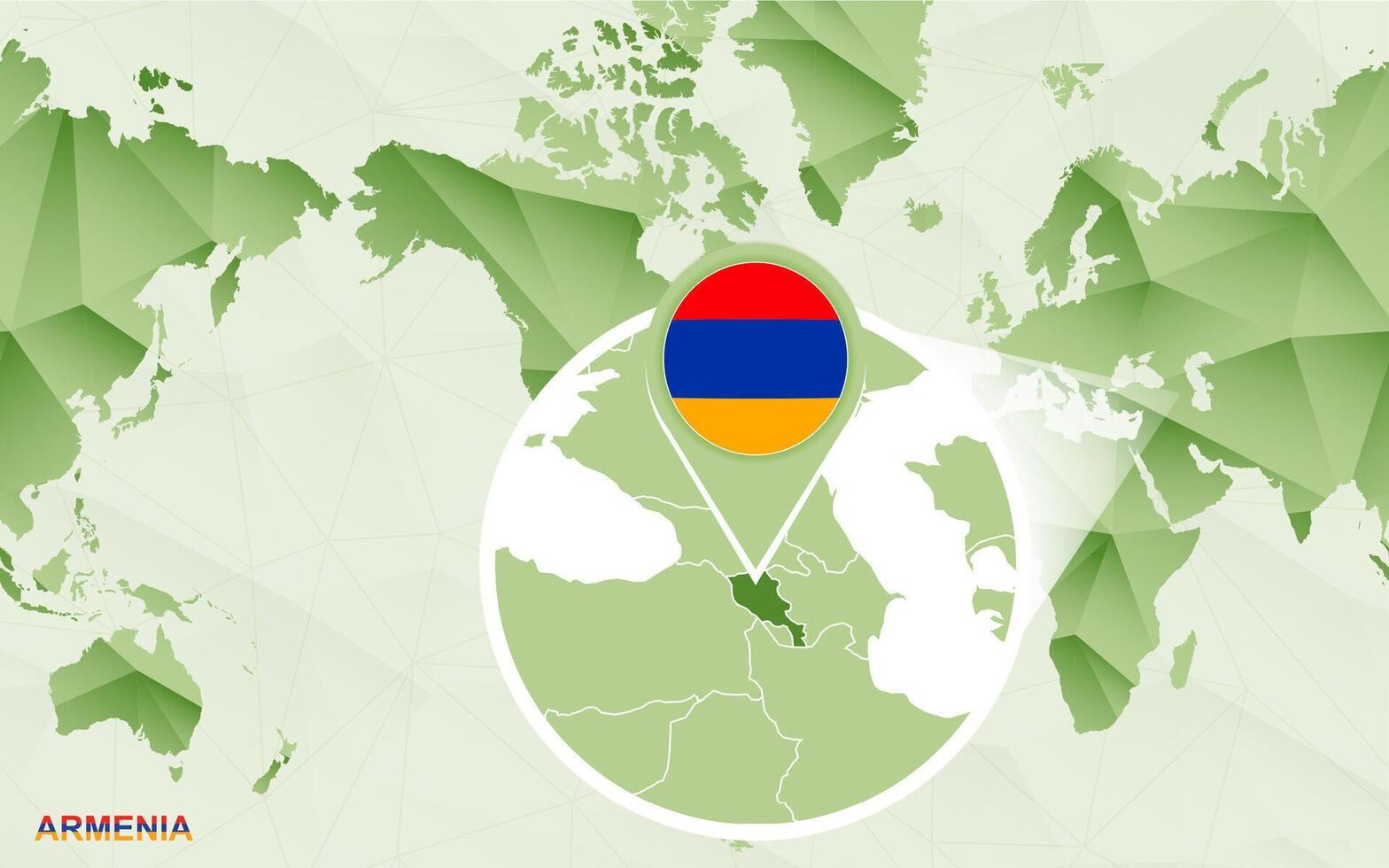 America centric world map with magnified Armenia map. vector