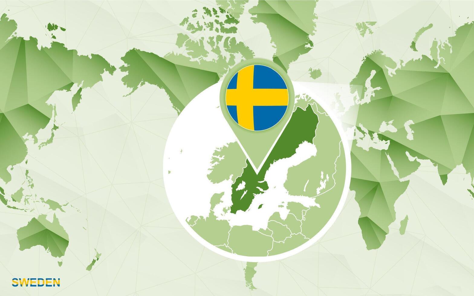 America centric world map with magnified Sweden map. vector