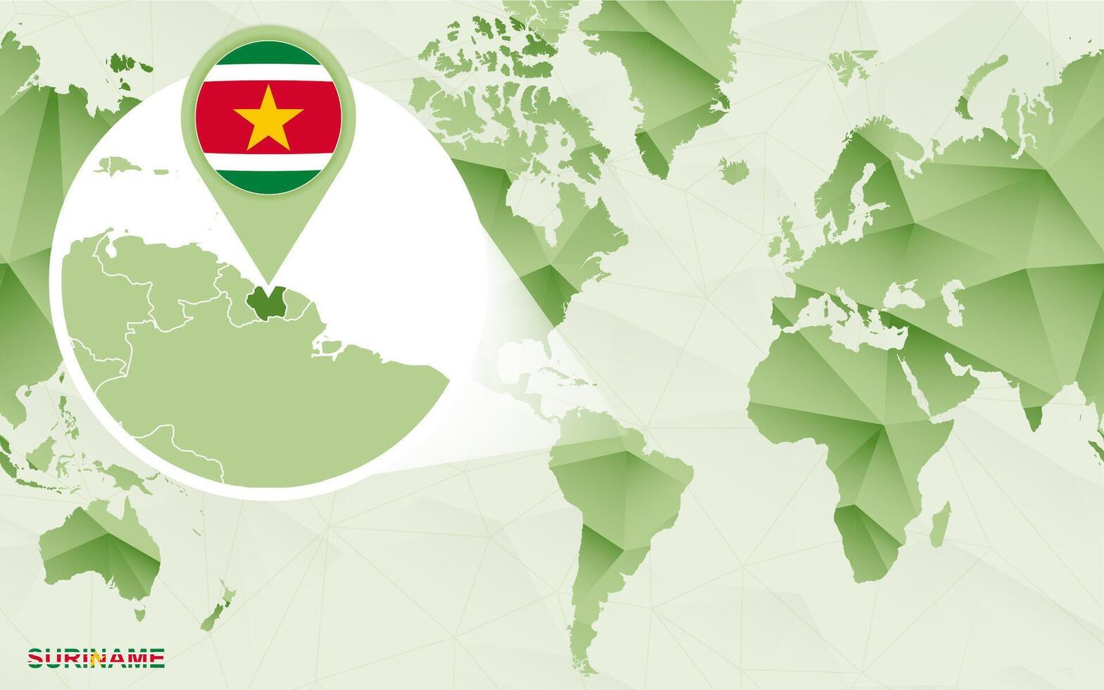 America centric world map with magnified Suriname map. vector