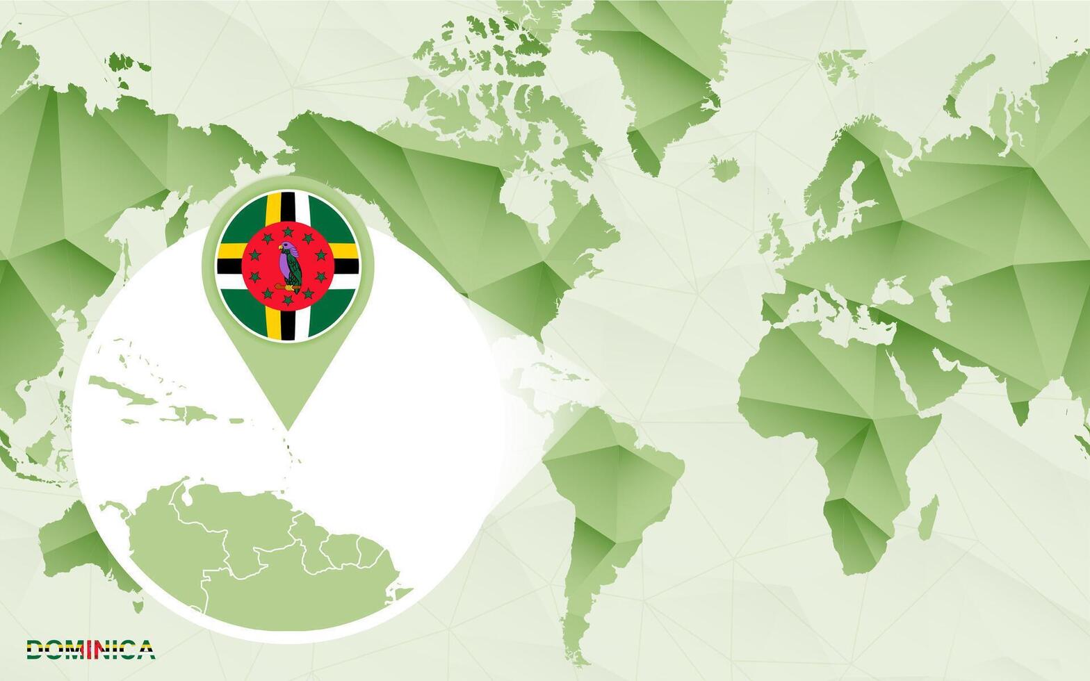 America centric world map with magnified Dominica map. vector