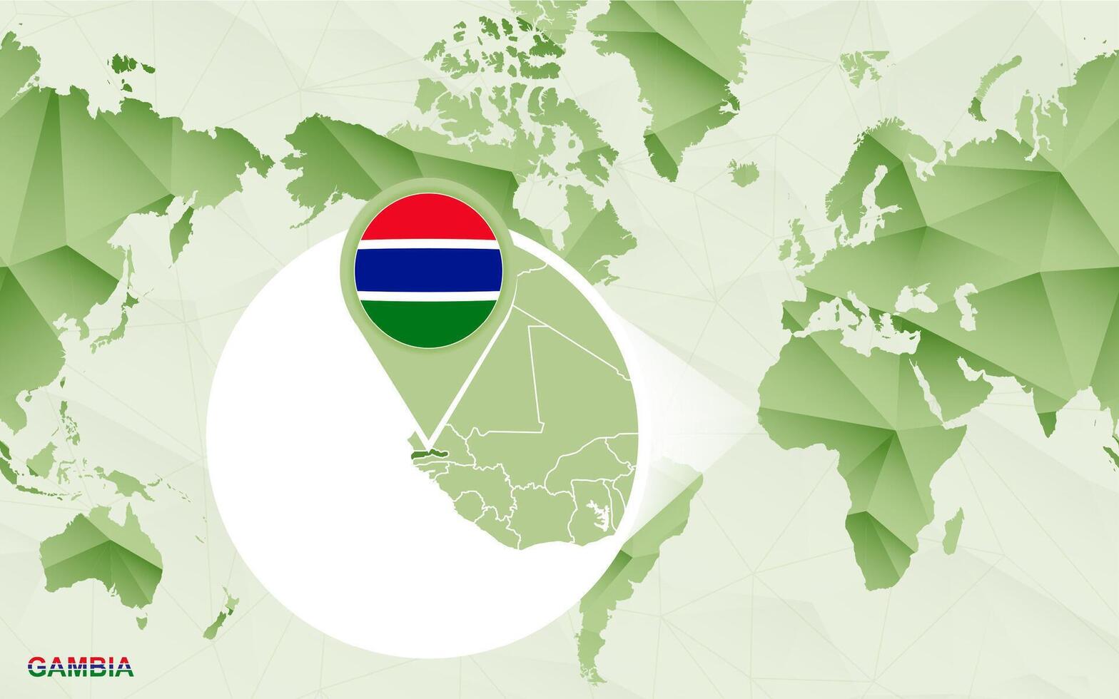 America centric world map with magnified Gambia map. vector