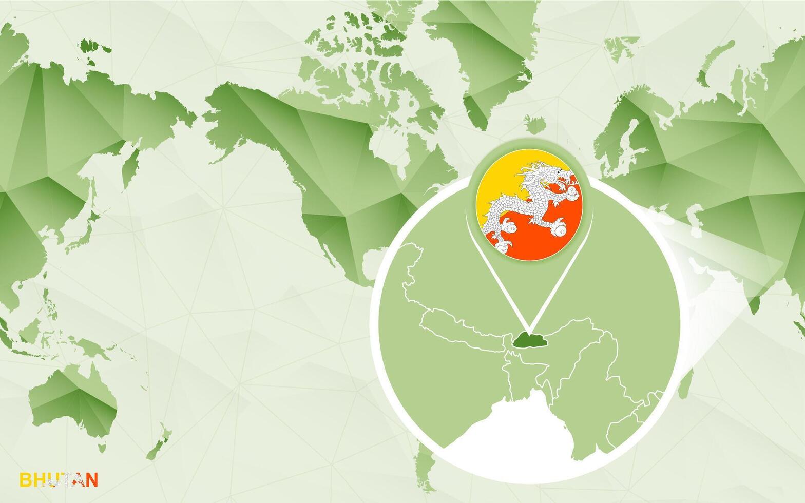 America centric world map with magnified Bhutan map. vector