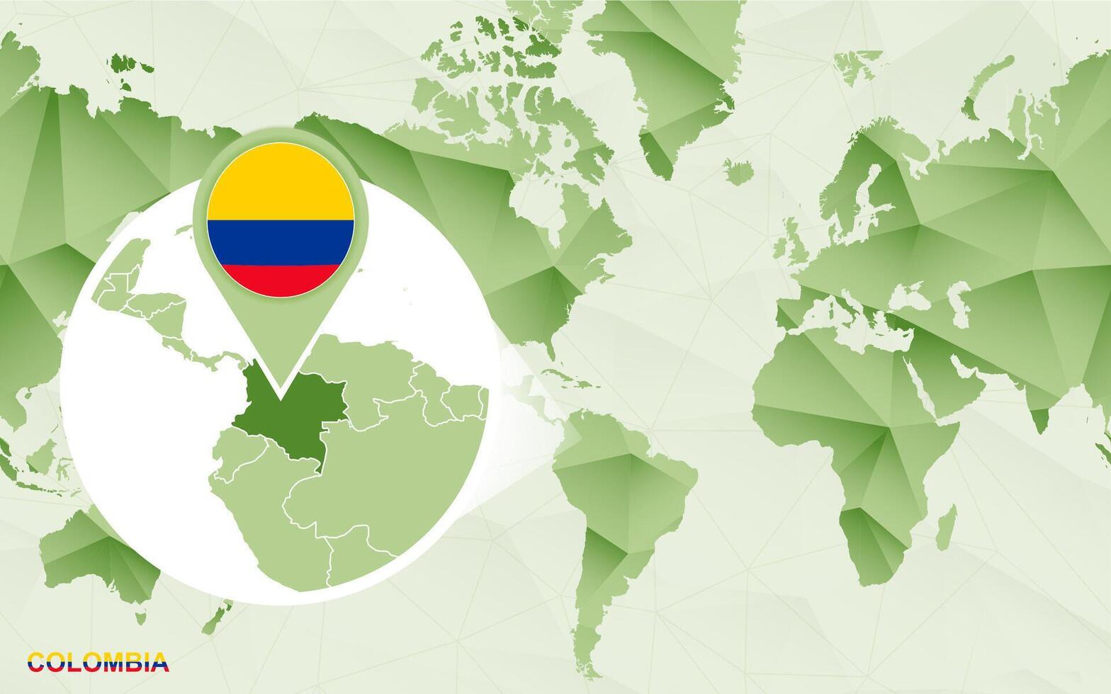 America centric world map with magnified Colombia map. vector