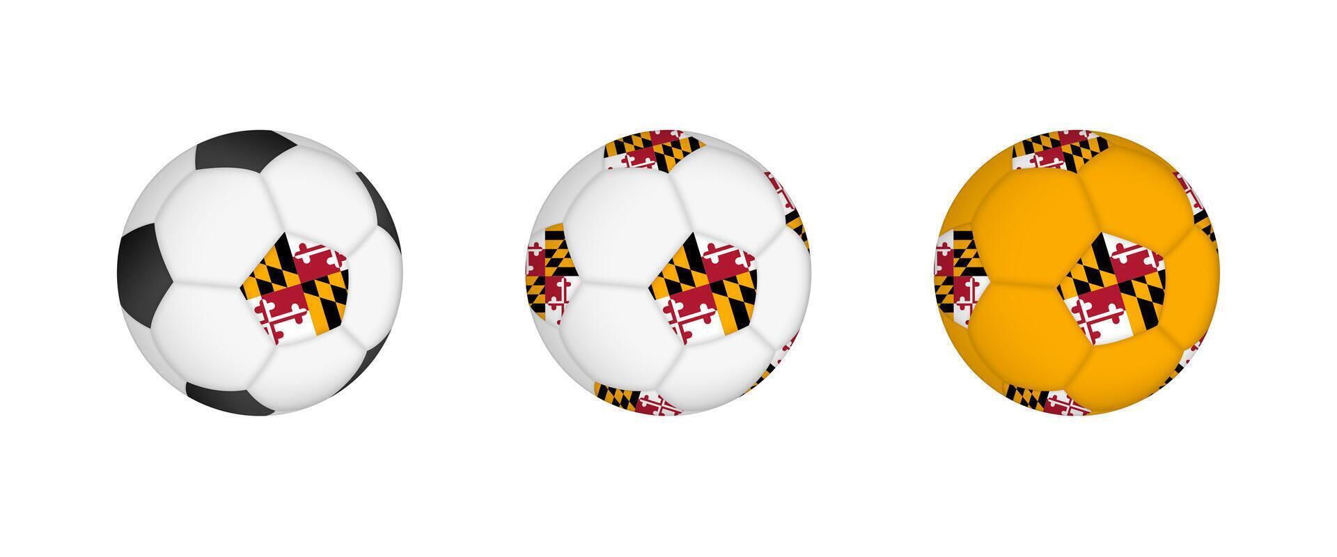 Collection football ball with the Maryland flag. Soccer equipment mockup with flag in three distinct configurations. vector