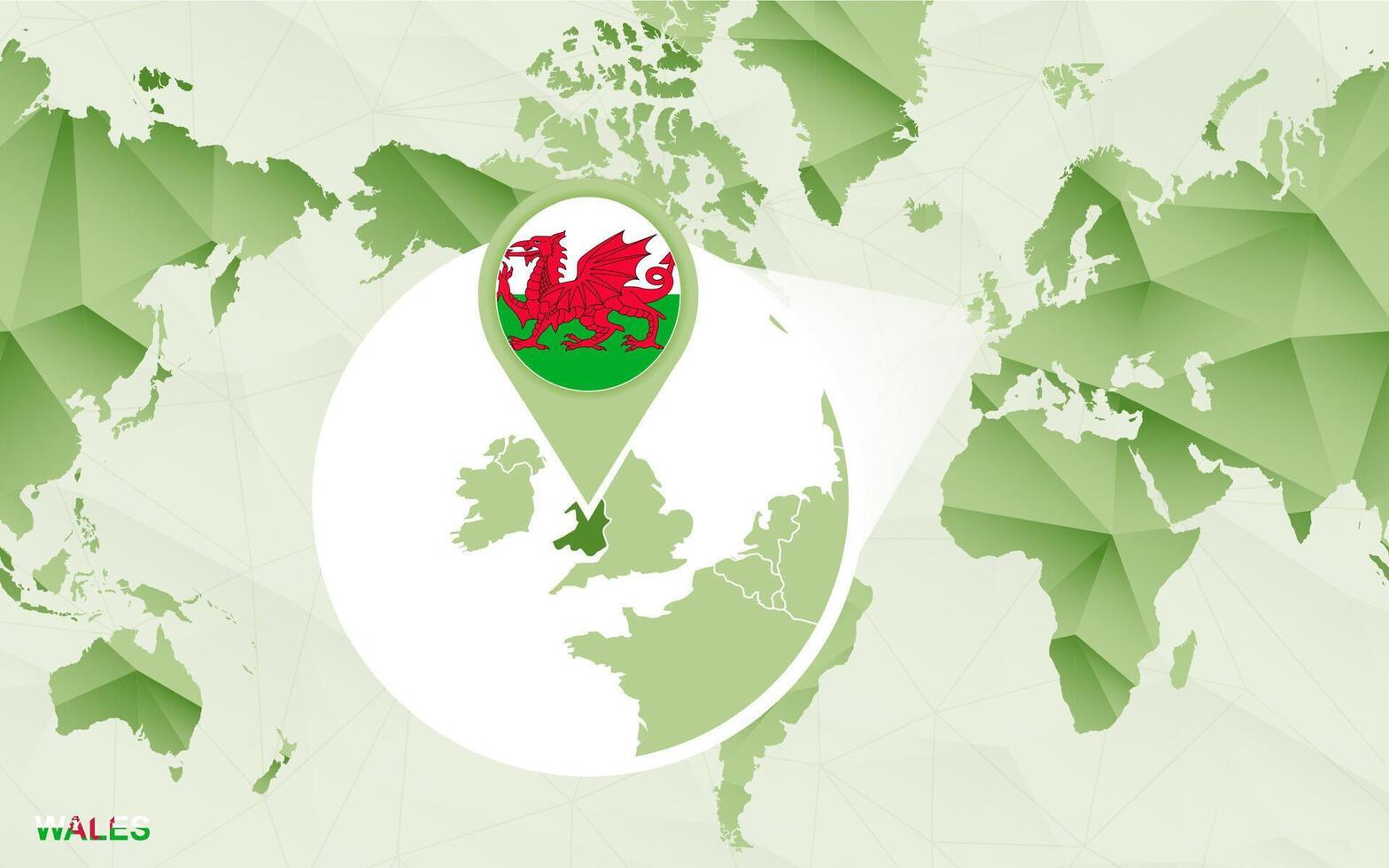 America centric world map with magnified Wales map. vector