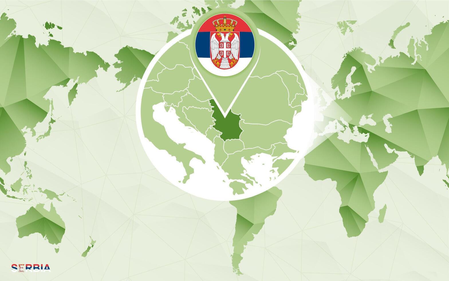 America centric world map with magnified Serbia map. vector