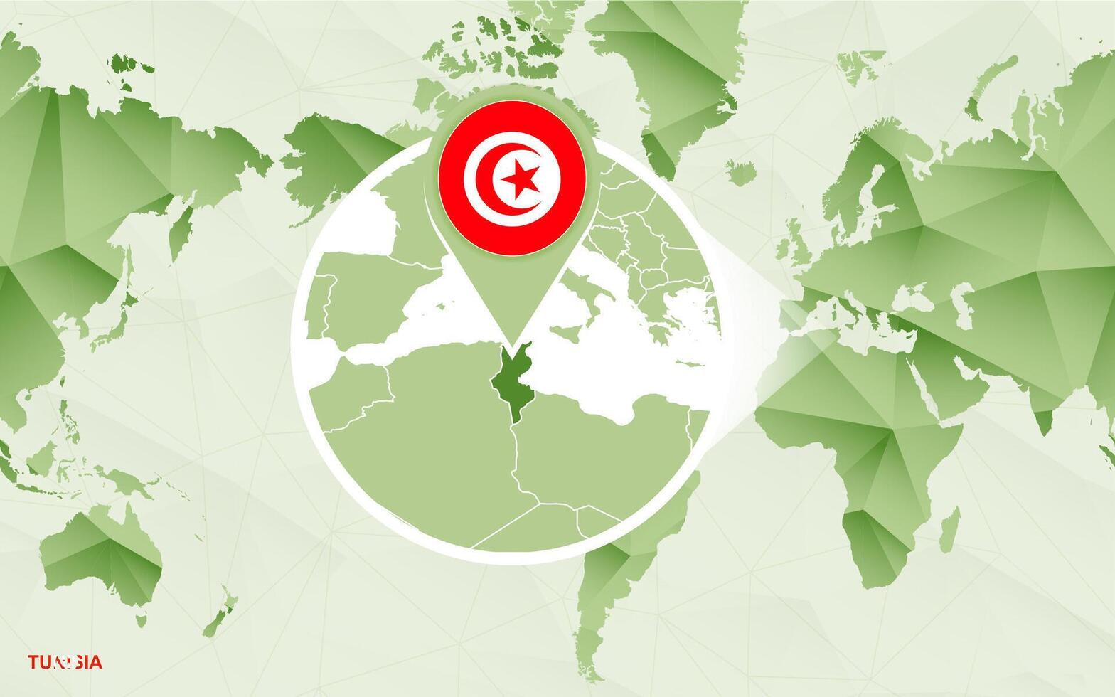 America centric world map with magnified Tunisia map. vector