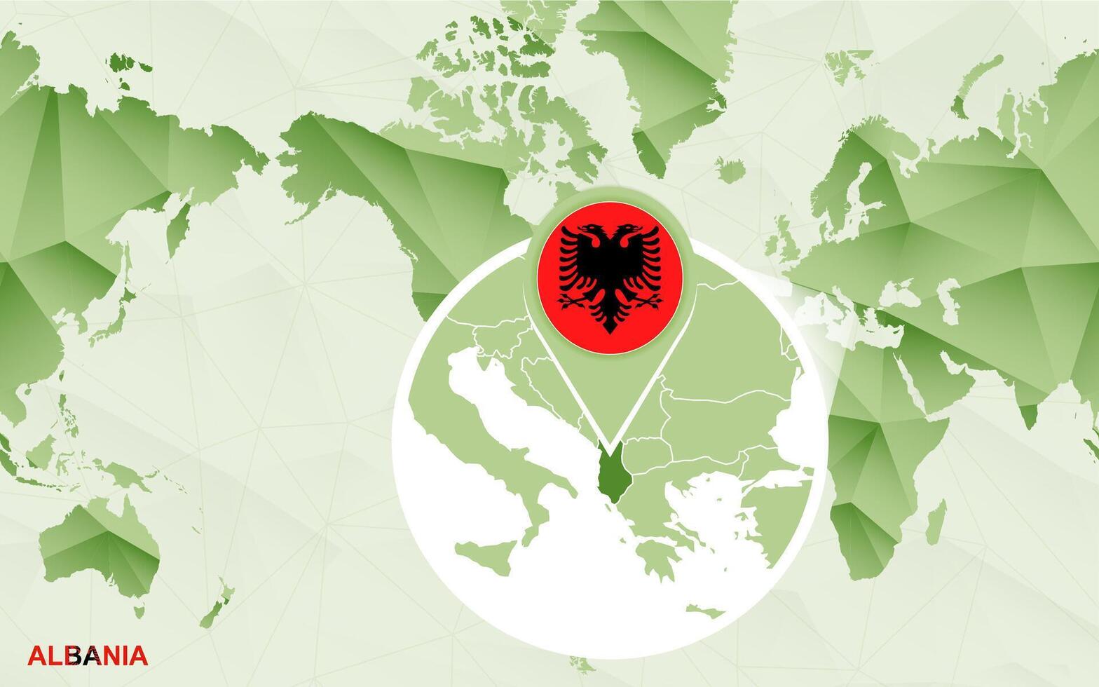 America centric world map with magnified Albania map. vector