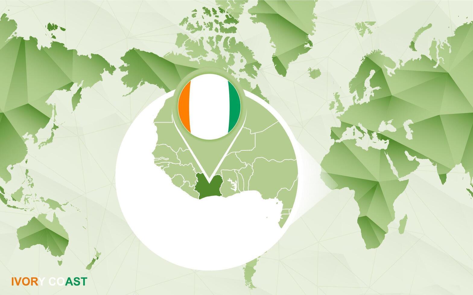 America centric world map with magnified Ivory coast map. vector