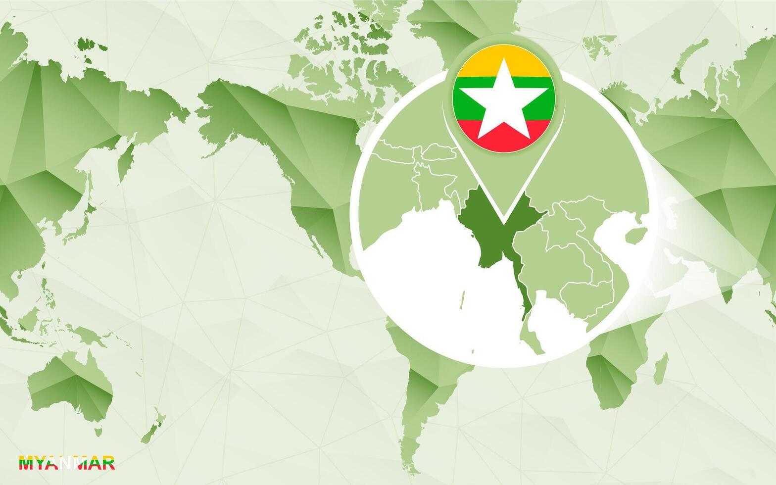 America centric world map with magnified Myanmar map. vector