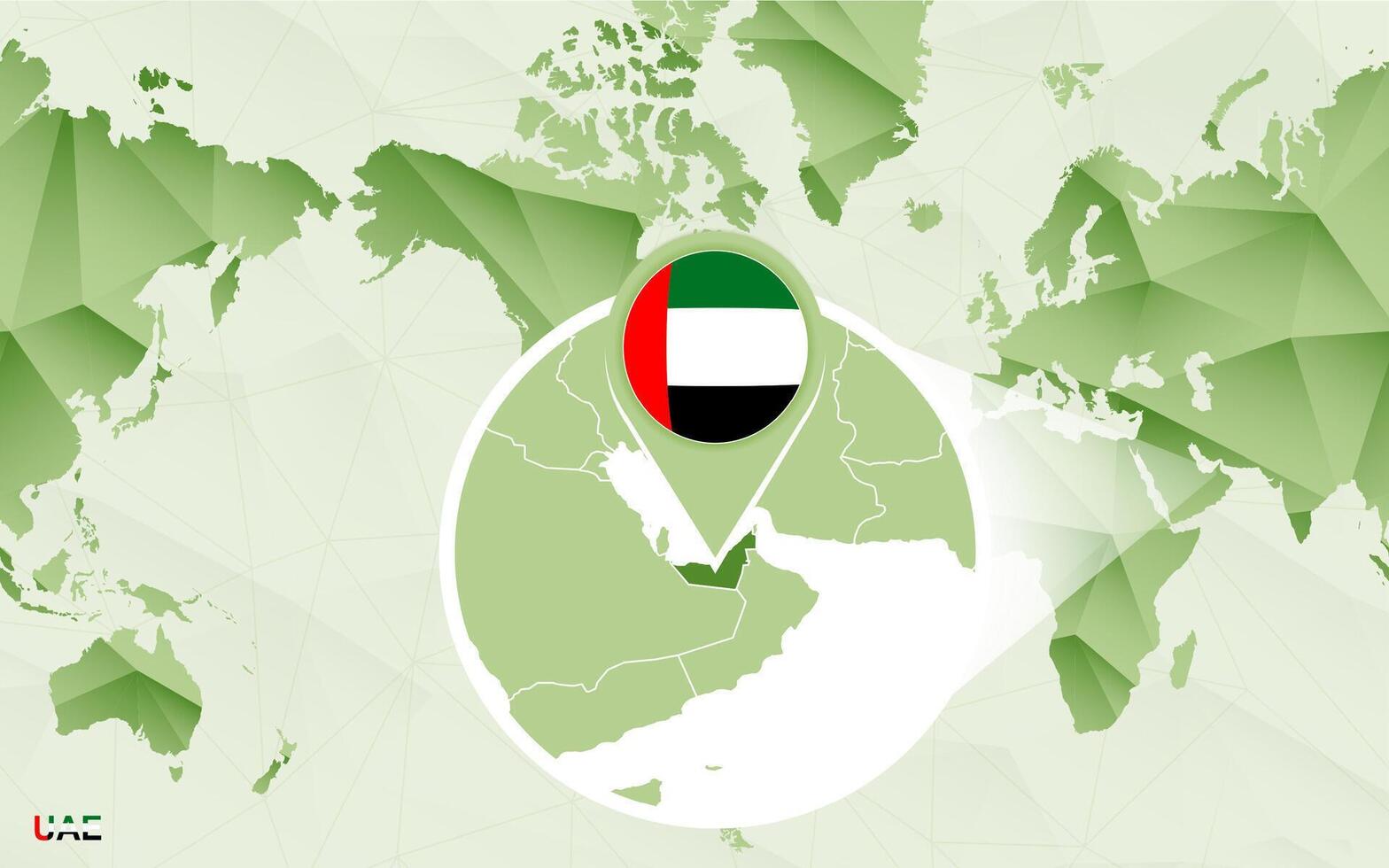 America centric world map with magnified United Arab Emirates map. vector
