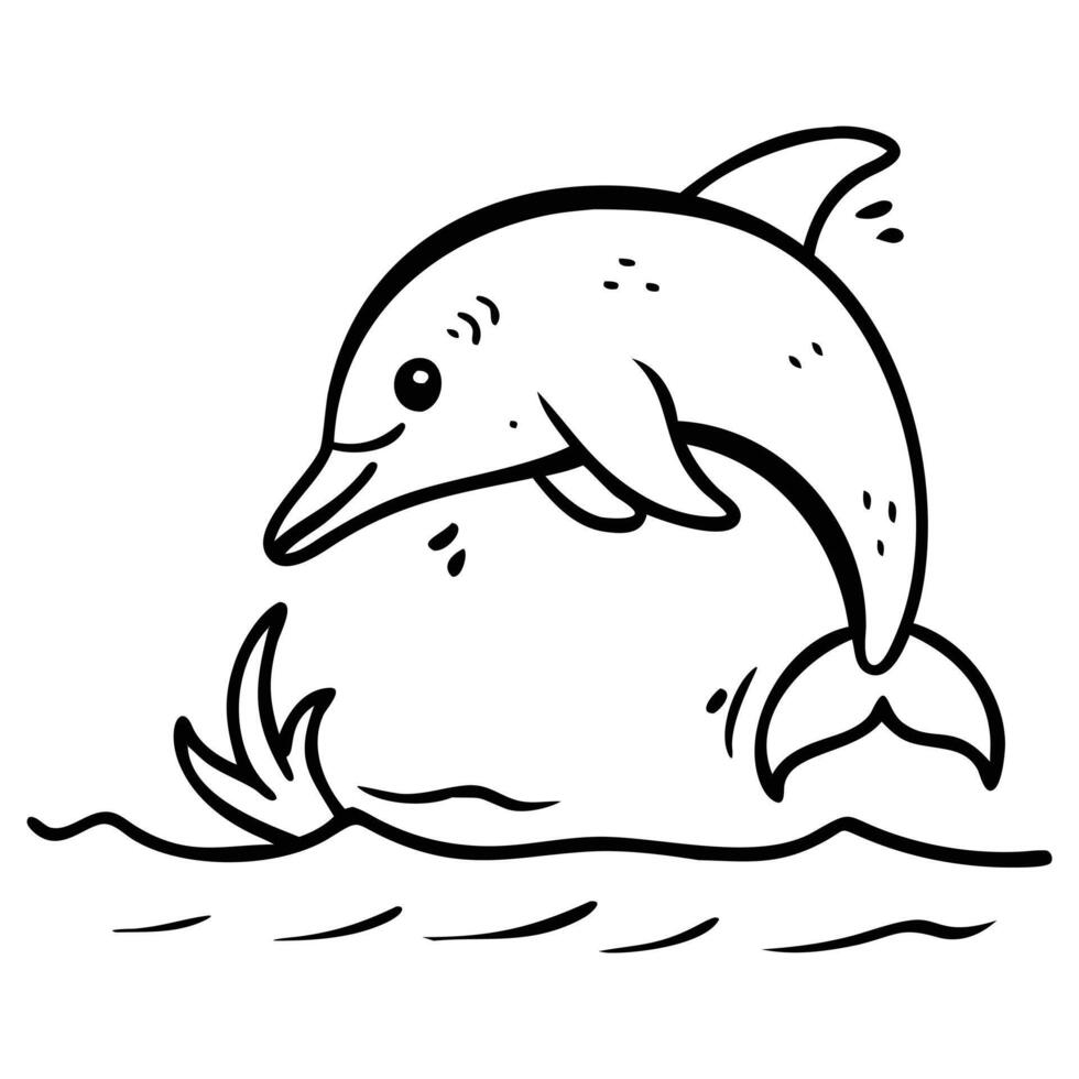 Playful dolphin jumps happily above the ocean waves in a black and white illustration vector