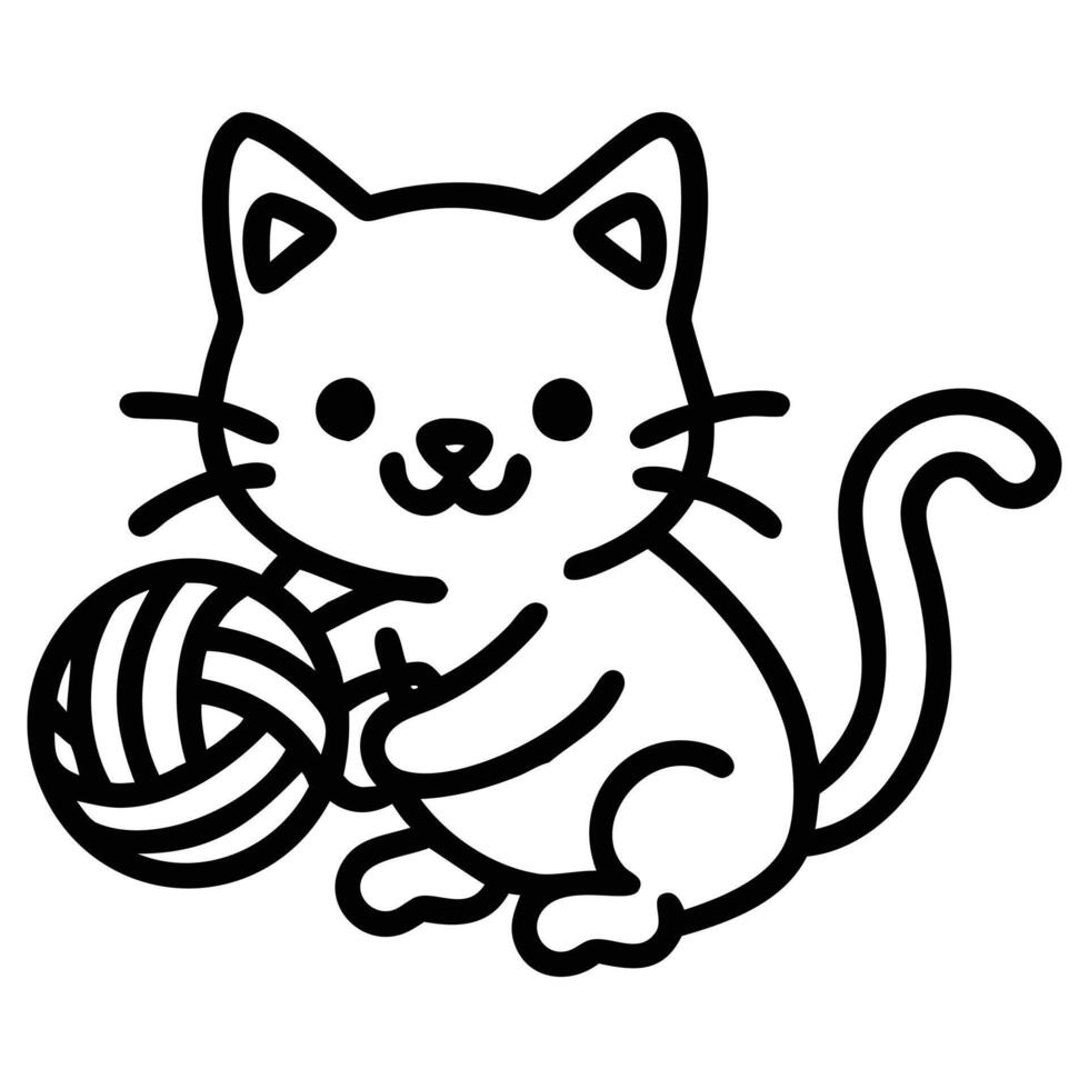 Black outline cartoonish cat is holding a yarn ball against a white background vector