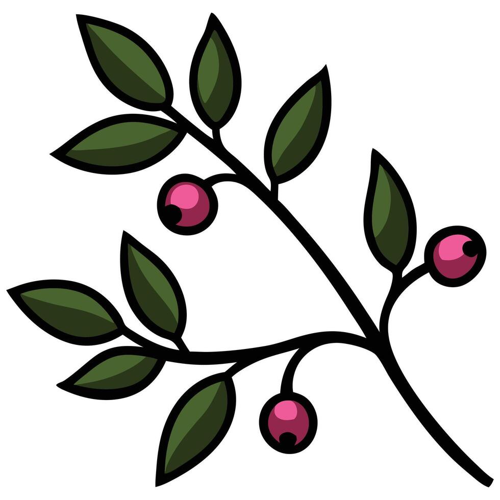 Stylized Sprig Green Leaves and Pink Berries on White Background vector