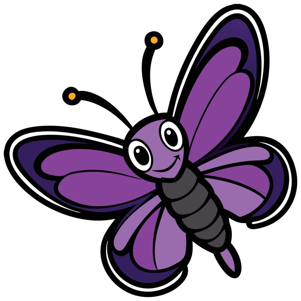Cartoon Butterfly Illustration, Purple Wings, Insect with a Smiling Face, Isolated vector