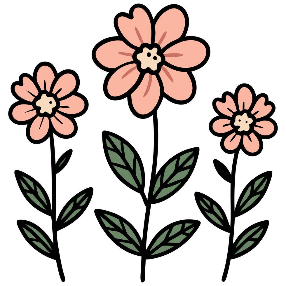 Peach Flowers with Green Leaves on Transparent Background Hand Drawn vector