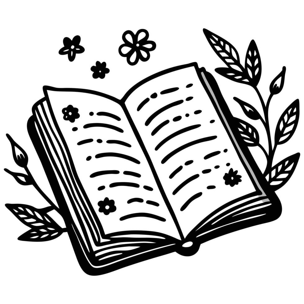 Open Book with Flower and Leaves Border, Black and White Doodle Style, Transparent vector