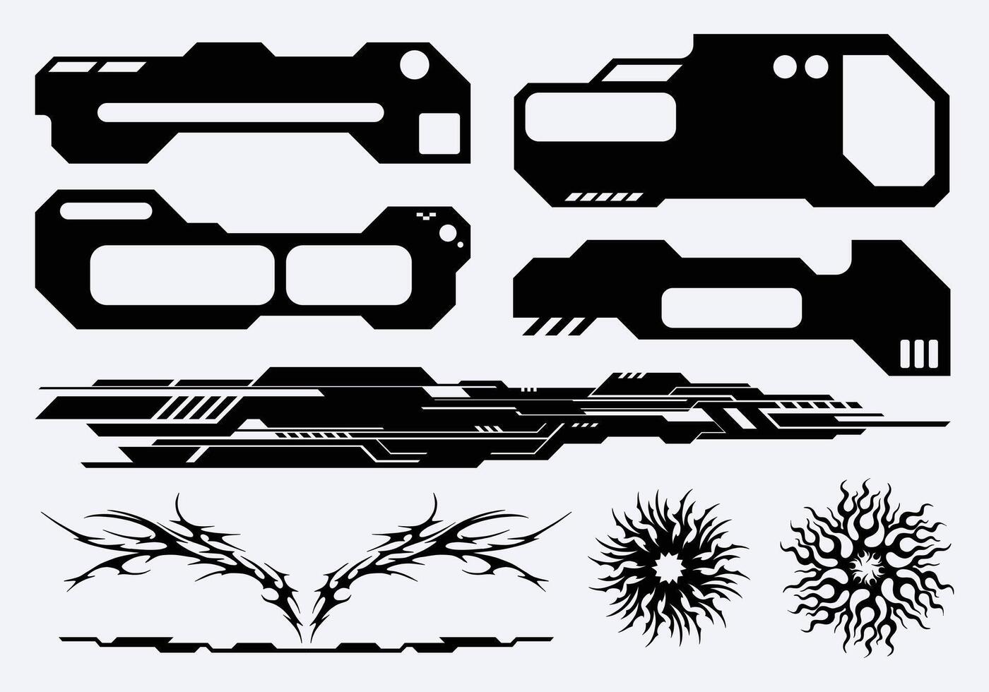HUD futuristic frame border cyberpunk interface game tribal streetwear elements set panel cyber sci-fi, icon symbol editable vector