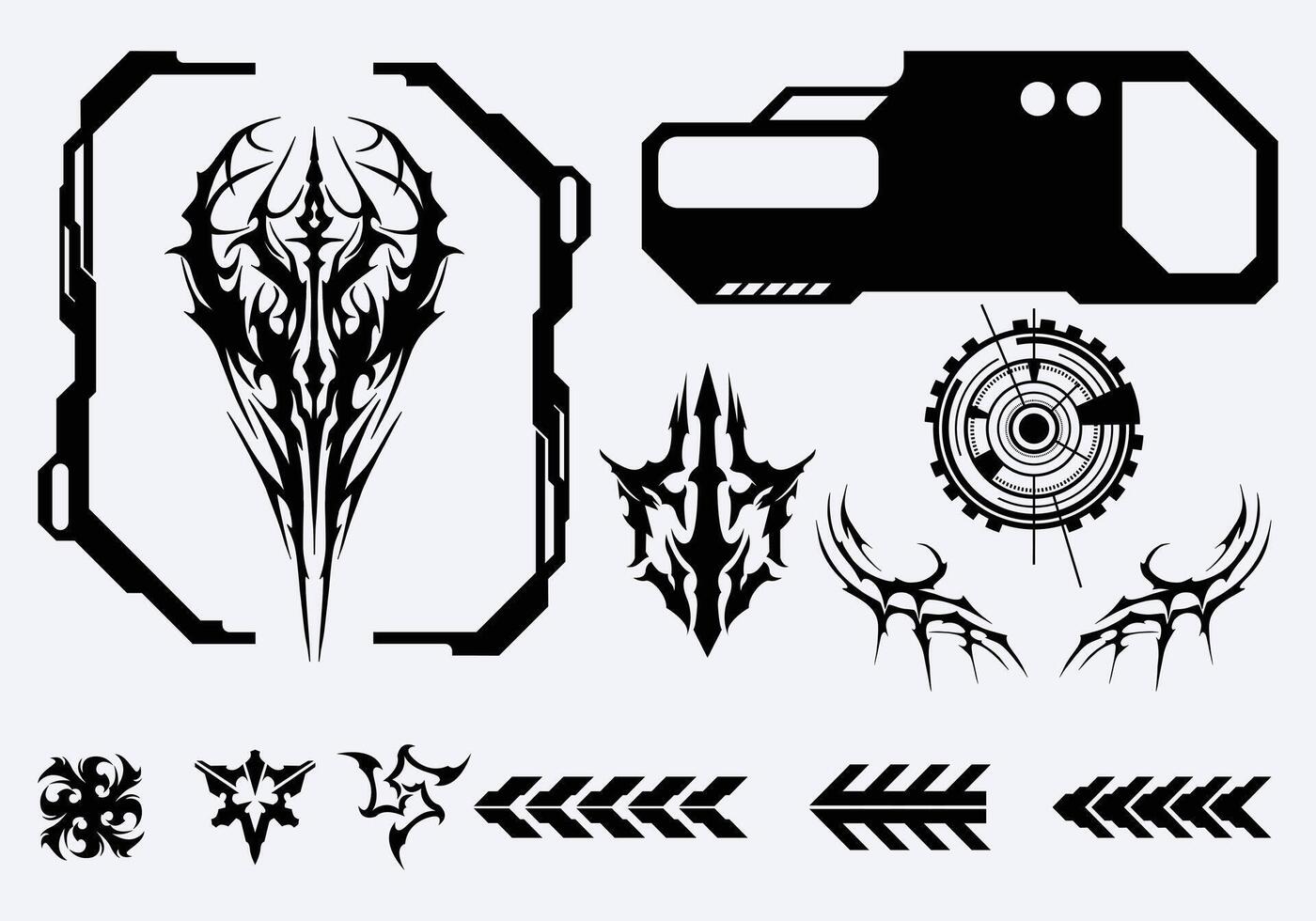 Tribal cyberpunk element collection futuristic interface frame border clip art t shirt design sticker poster editable vector