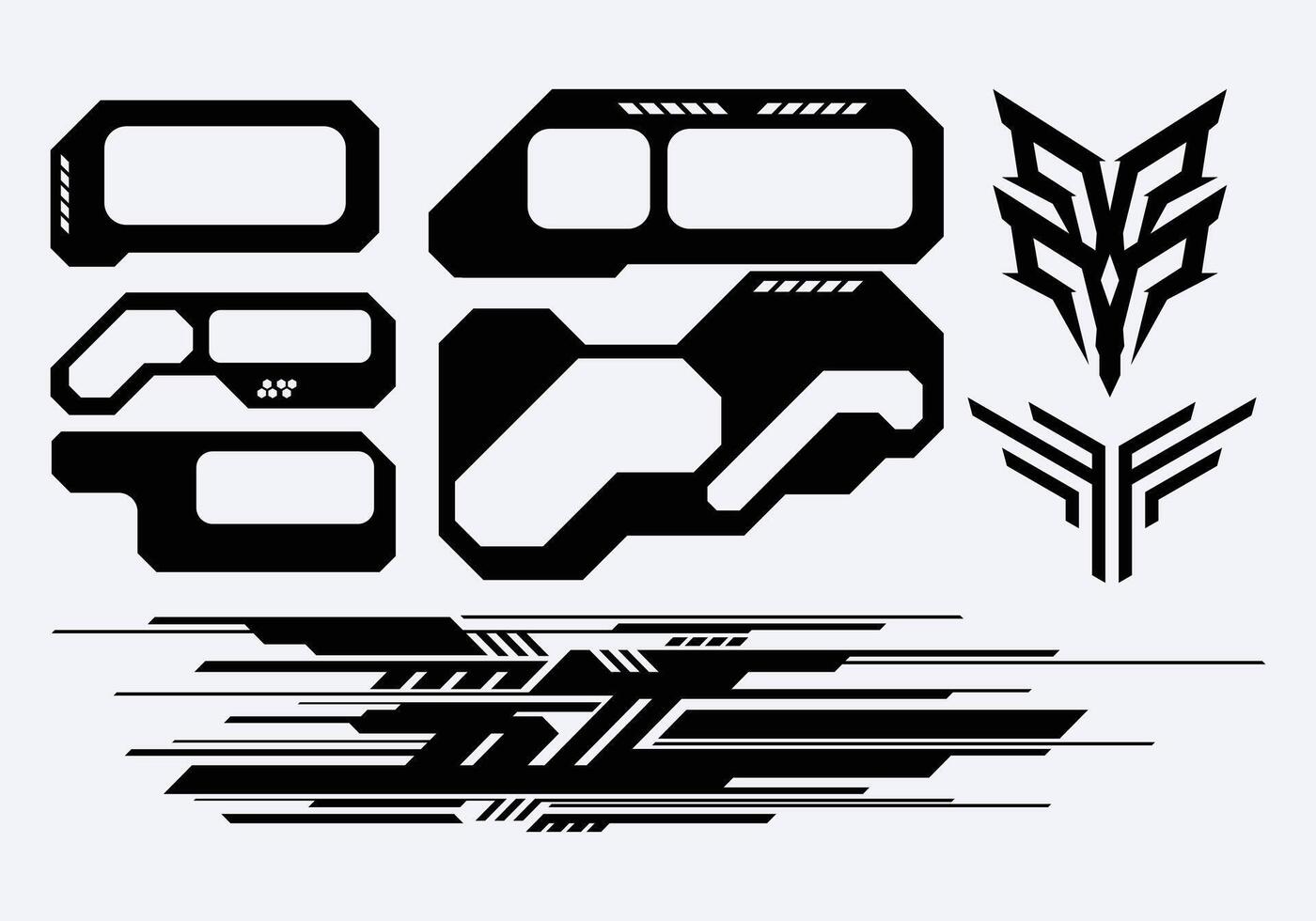 HUD futuristic frame border cyberpunk interface game symmetrical symbol streetwear elements set panel cyber sci-fi, icon editable vector