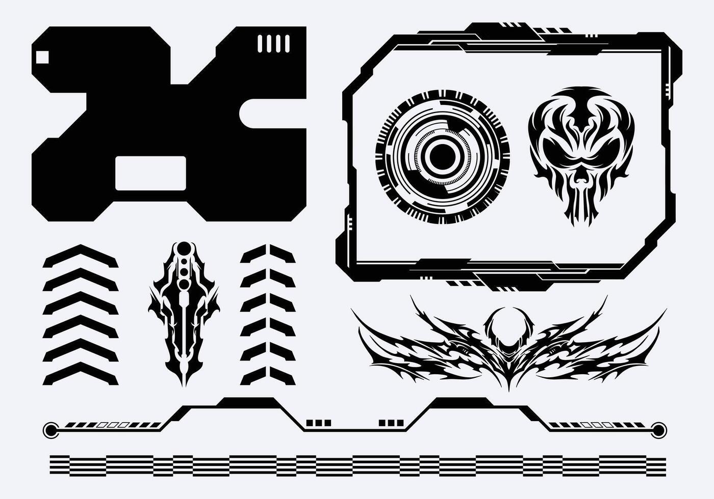 Tribal cyberpunk futuristic interface frame border clip art t shirt design element skull head sticker poster editable vector