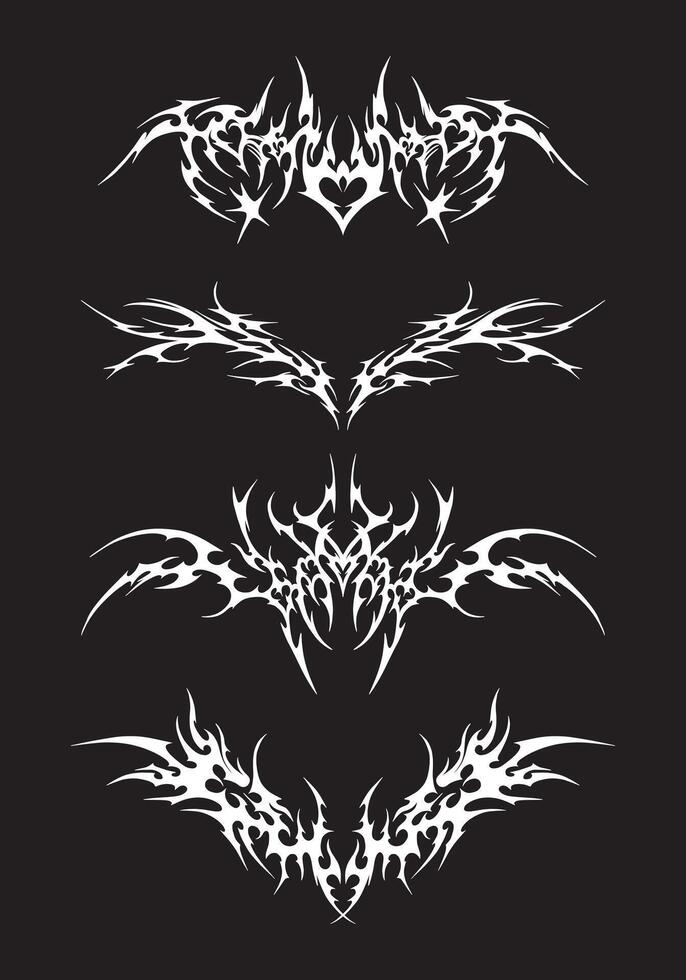 Tribal tattoo ink asset collection acid brutalism streetwear element illustration poster, t shirt design, sticker symbol editable vector