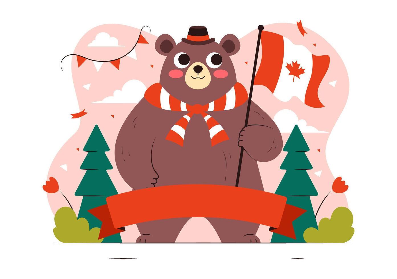 Flat Style Canada Day Illustration Featuring Maple Leaf Flag and Red Ribbon vector