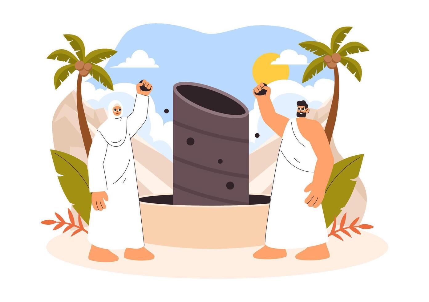Islamic Pilgrimage Hajj with Kaaba, Mosque, and Worshippers in Flat Cartoon Style vector