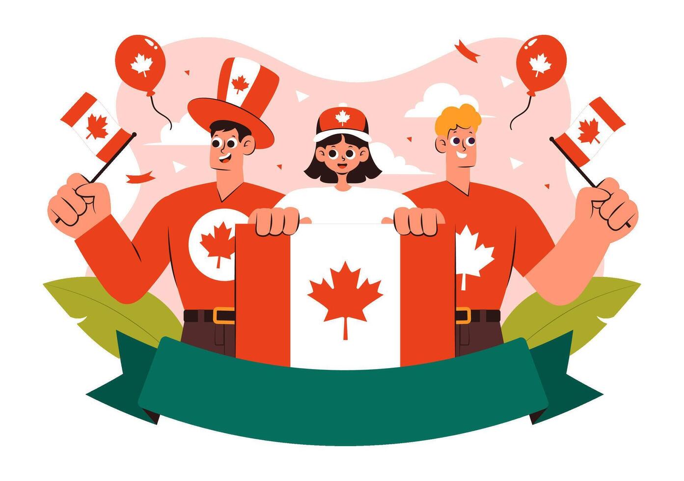 July 1st Canada Day Flat Cartoon Illustration with National Symbols and Festive Ribbon vector