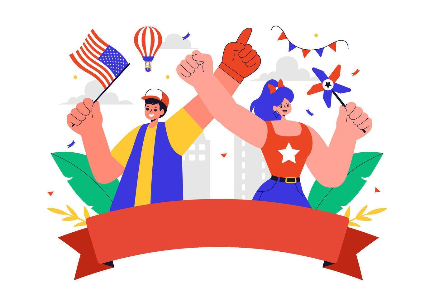 Flat Style Cartoon of American Independence Day with Flag and Party Decor vector