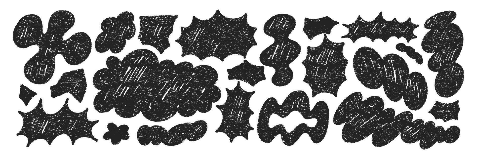 Set of playful elements with abstract liquid shapes. Speech bubbles, cloud and flower with crayon, chalk or pastel texture. Hand drawn illustration. vector