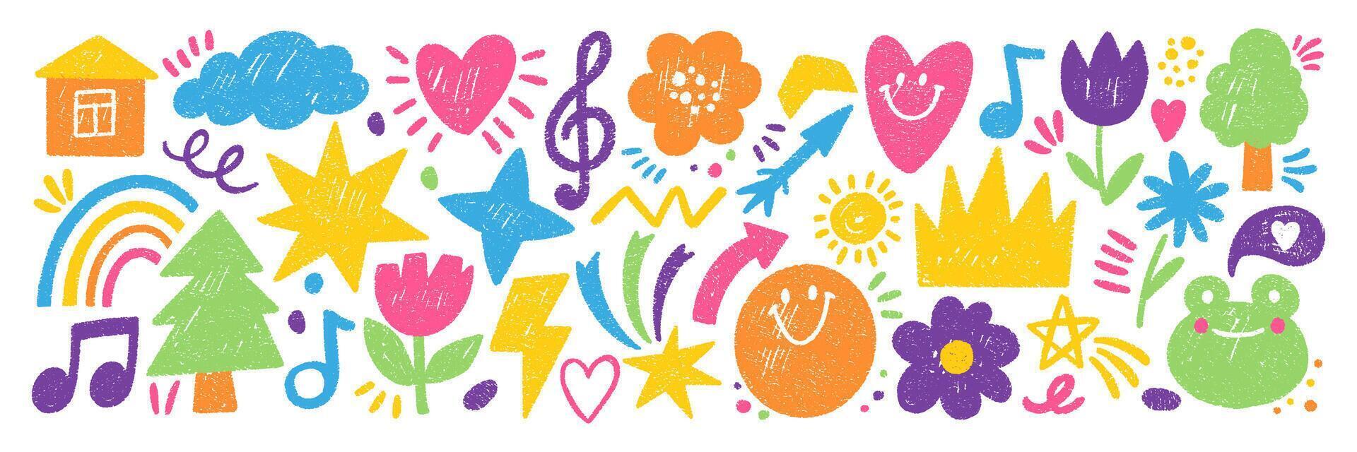 Set of playful elements with sun, music, rainbow and tree with crayon, pastel or chalk texture. Cute shapes for kids design. Doodle color illustration on a white background. vector