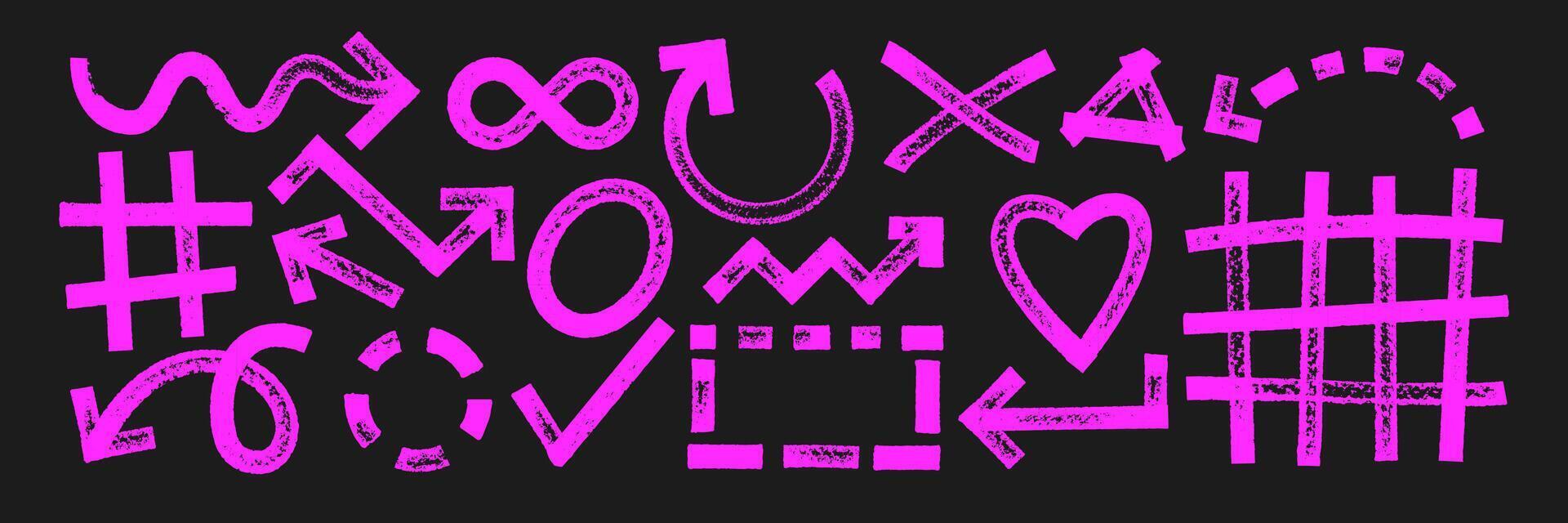 Set of geometric shapes with brush, crayon or marker texture. Arrow, heart, infinity and grid with sketch lines. Pink illustration on a blackboard. vector