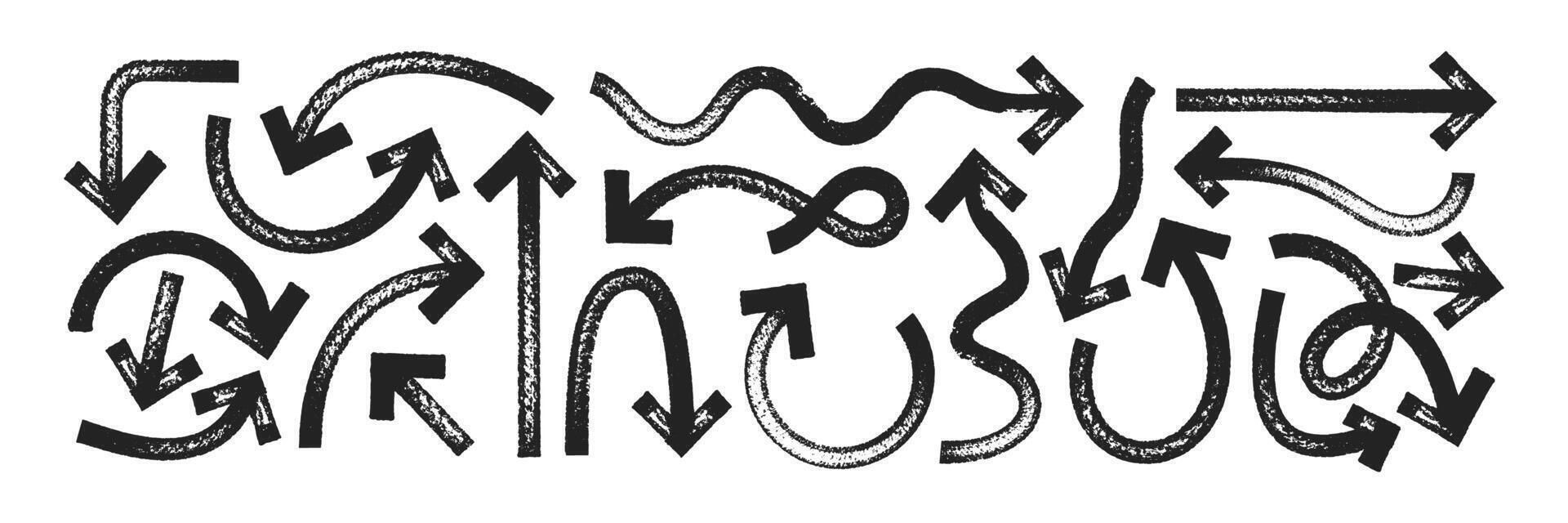 Set of grunge hand drawn arrows with black brush or marker texture. Direction elements, curve brush strokes. Black illustration on a white background. vector