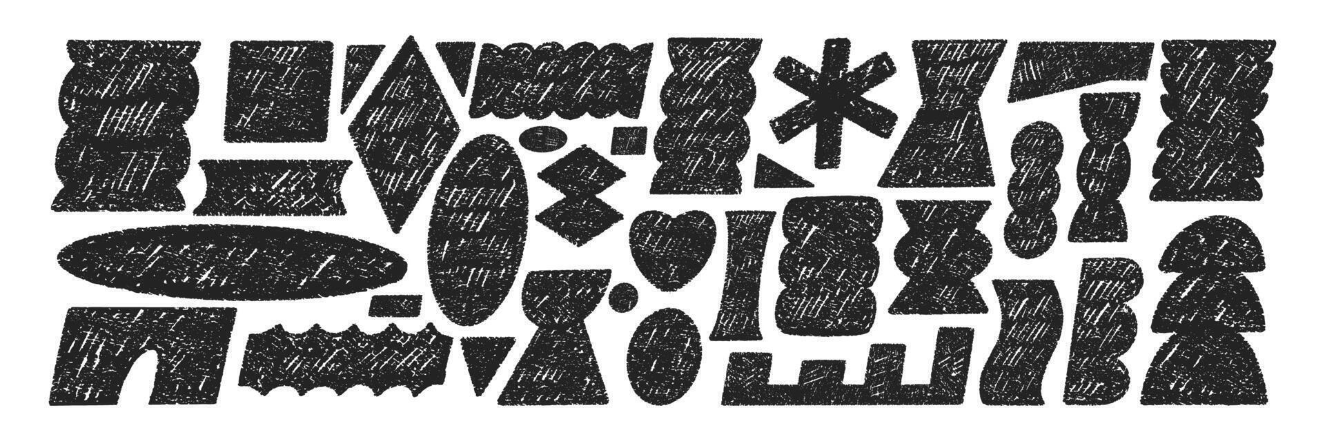 Set of various funky elements with abstract geometric shapes. Rectangle, circle, oval and heart with crayon, chalk or pastel texture. Hand drawn illustration. vector