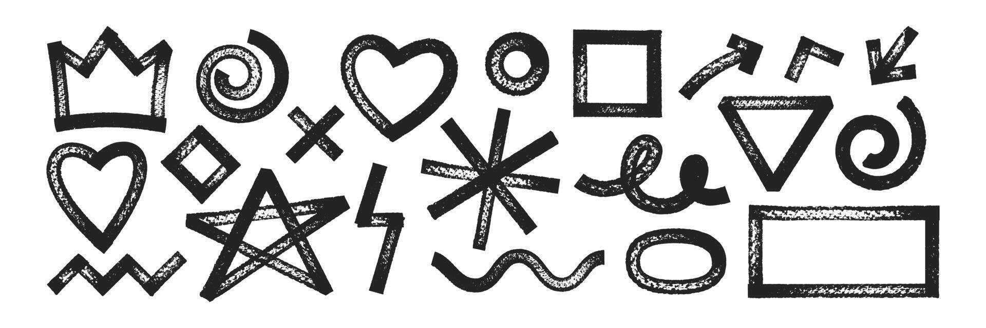 Set of geometric shapes with brush, crayon or marker texture. Crown, heart, star and rectangle with sketch lines. Black illustration isolated on a white background. vector