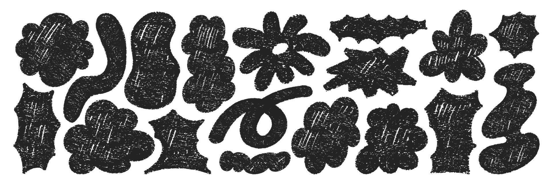 Set of playful elements with crayon, chalk or pastel texture. Speech bubbles, cloud and flower for kids design. Hand drawn illustration. vector