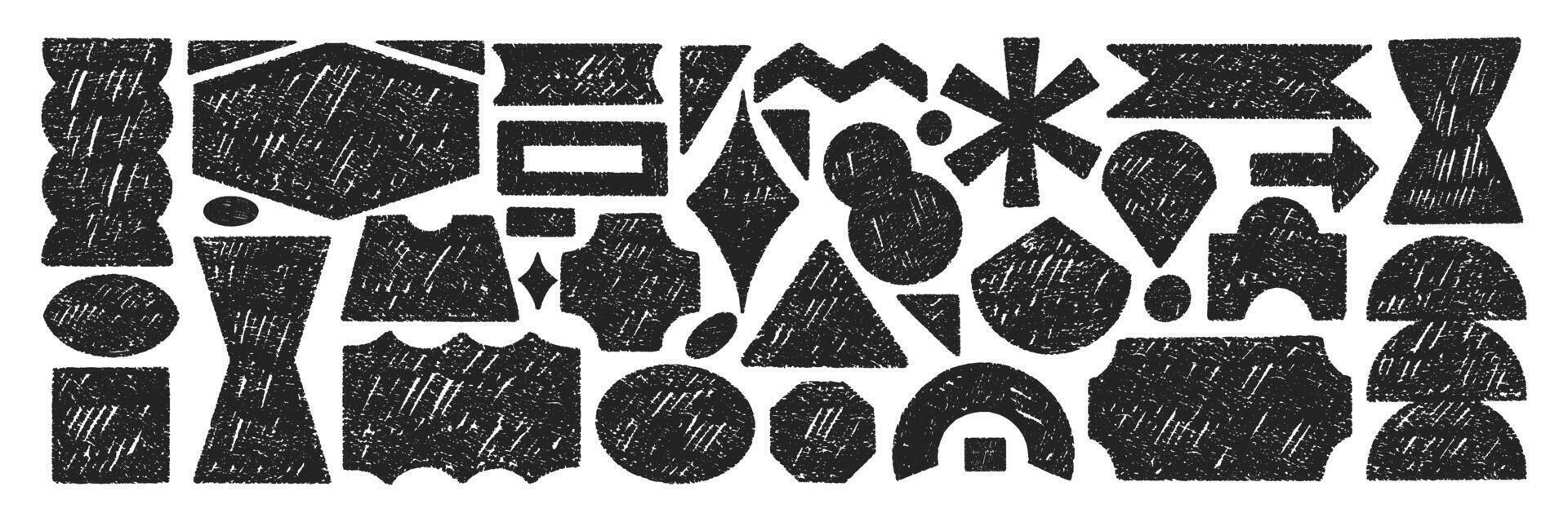 Set of playful elements with abstract geometric shapes. Rectangle, circle, oval and zigzag with crayon, chalk or pastel texture. Hand drawn illustration. vector