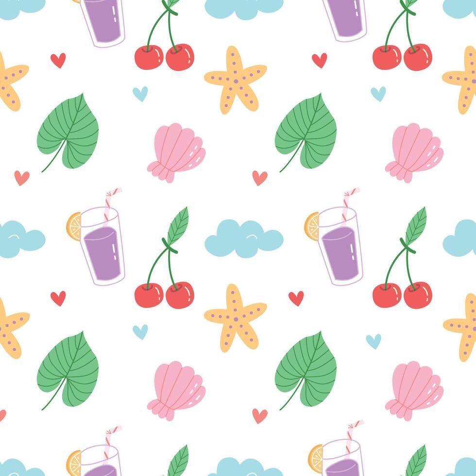 Seamless Summer Pattern with Tropical Elements on White Background vector