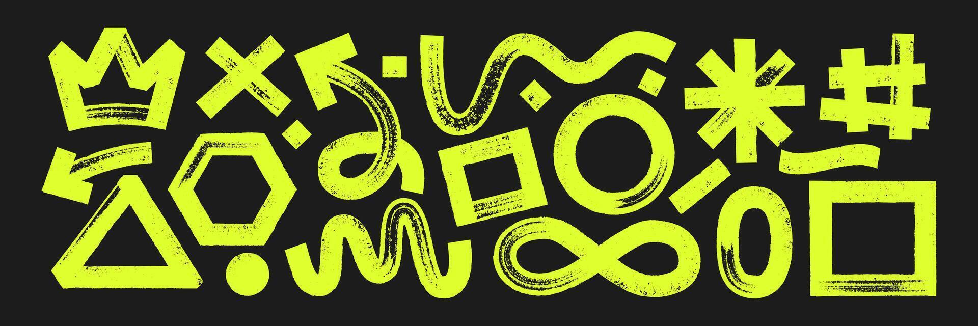 Set of geometric shapes with brush, crayon or marker texture. Crown, heart, infinity and rectangle with sketch lines. Yellow illustration on a blackboard. vector