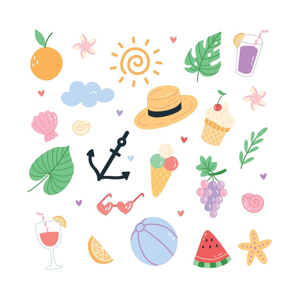Hand drawn summer elements with fruits, desserts, and tropical decor vector