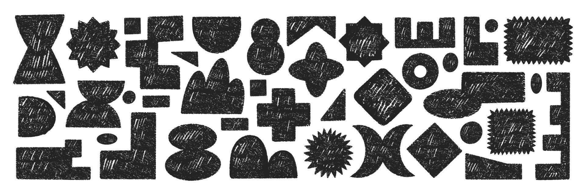 Set of y2k elements with abstract geometric shapes. Rectangle, circle and heart with crayon, chalk or pastel texture. Hand drawn illustration. vector