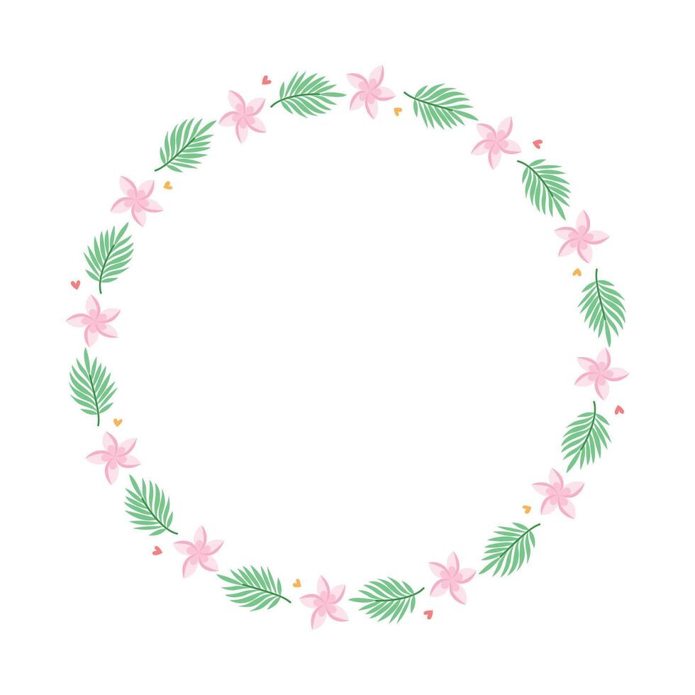 Tropical Plumeria Flower Wreath with Palm Leaves in Cartoon Style vector