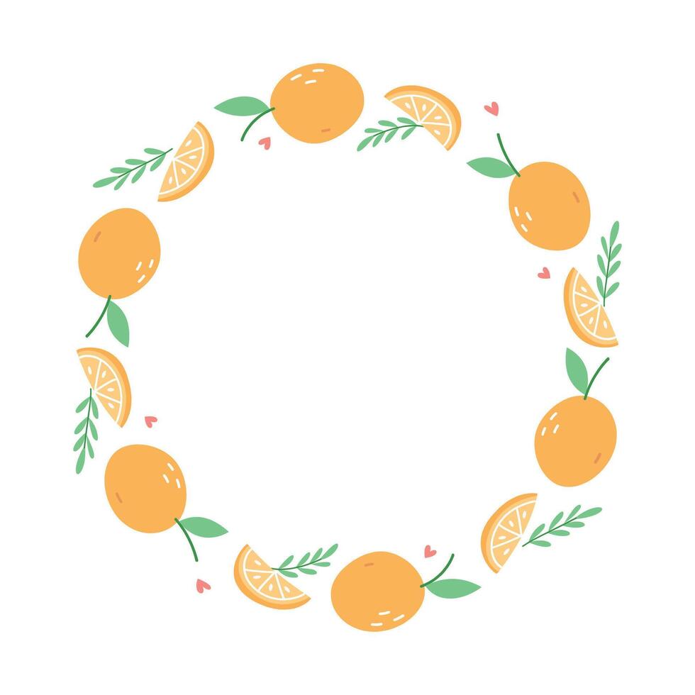 Cute Orange Fruit Wreath Frame in Hand Drawn Style on White Background vector