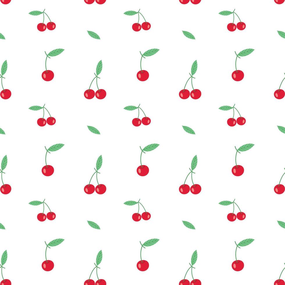 Seamless Cherry Pattern Hand Drawn Red Fruit and Leaf Illustration, Fresh Summer Background for Fabric, Wrapping Paper, and Kitchen Decor vector