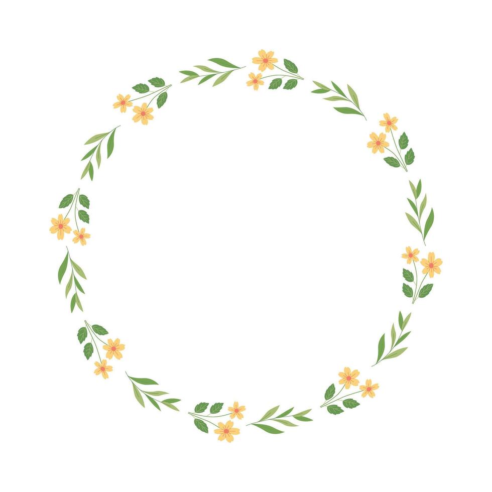 Minimal floral wreath with yellow wildflowers and green leaves on white background. Perfect for wedding invitations, logos, and seasonal decoration. illustration in botanical style. vector