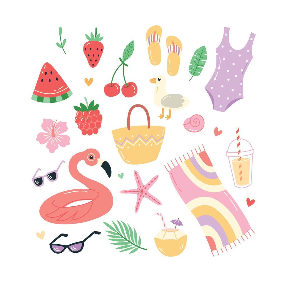 Hand Drawn Summer Beach Clipart Set with Inflatable Flamingo Float, Fruits, and Tropical Elements vector