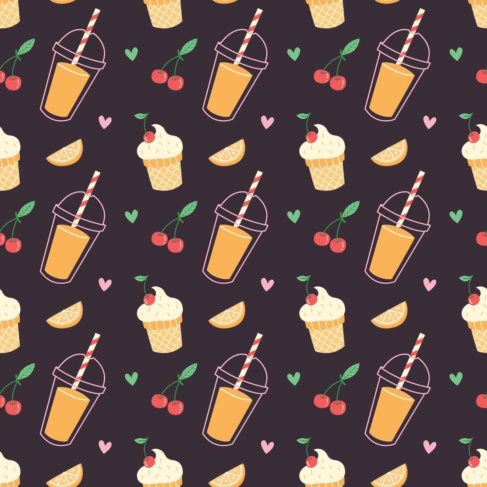 Cute Seamless Summer Pattern with Ice Cream, Juice and Fruits on Dark Background vector